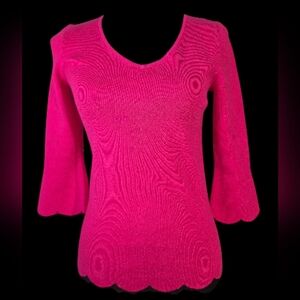 Talbots Petites Hot Pink Ribbed Knit Scallop Hem Bell Sleeve V-Neck Sweater - P